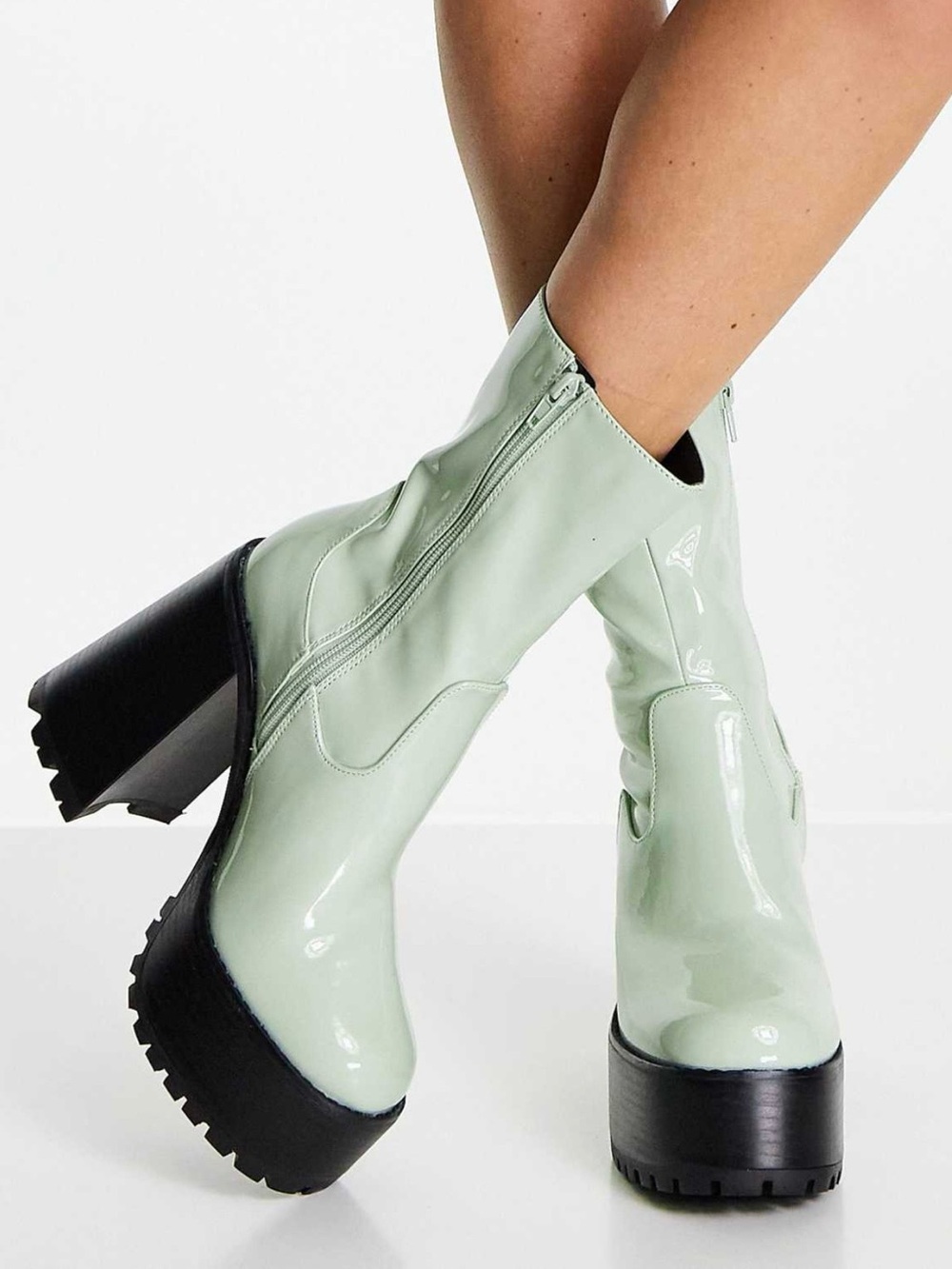 ASOS Mint Patent Chunky Heel Mid-Calf Boots